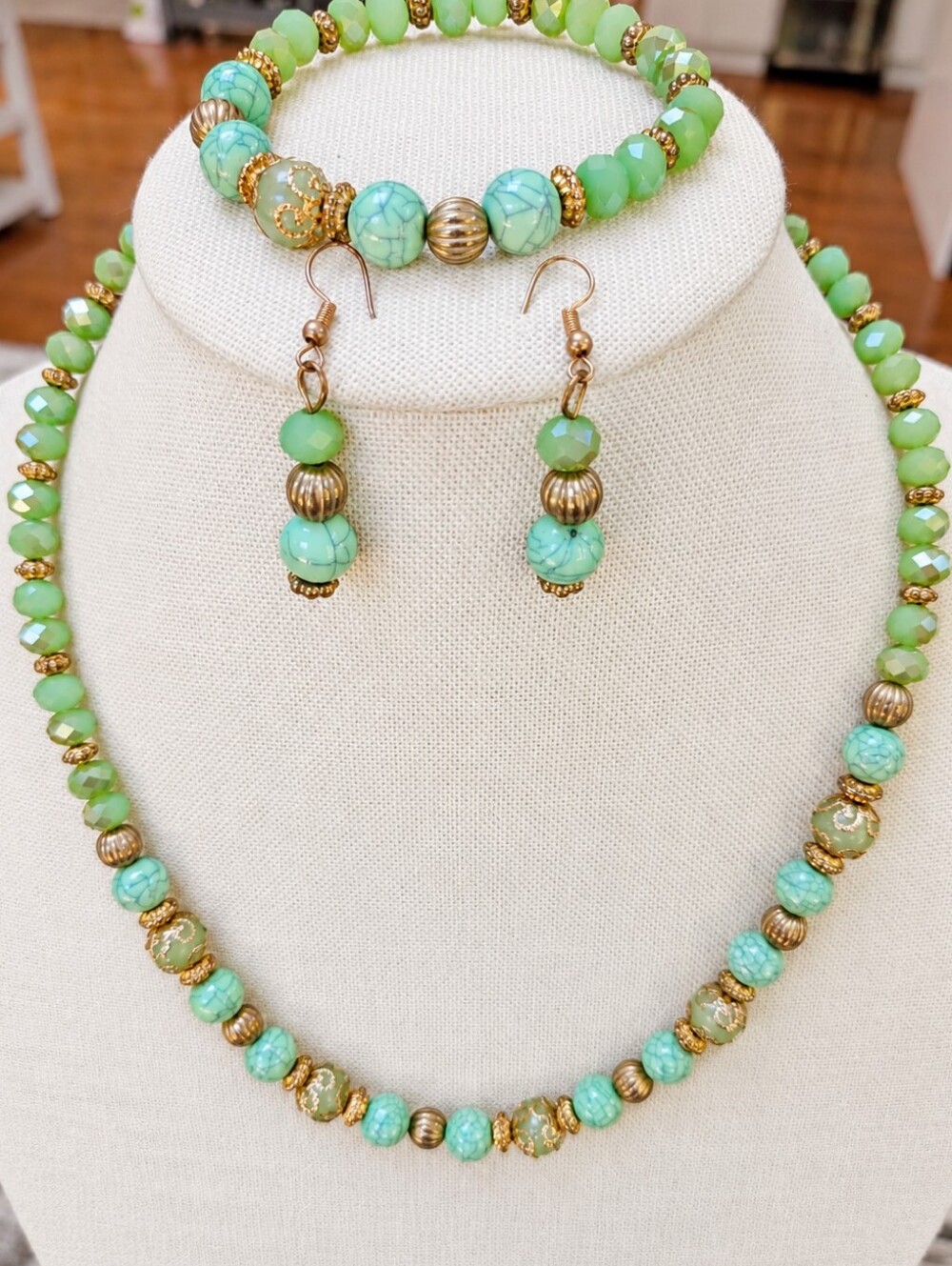 Artisan 3 Piece Green and Gold Jewelry Set